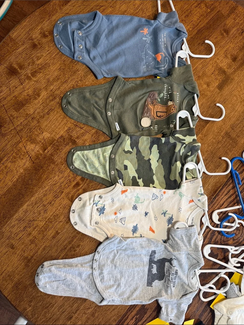 Five Baby Bodysuits - Blue, Olive, Camo, Cream, Heather Gray